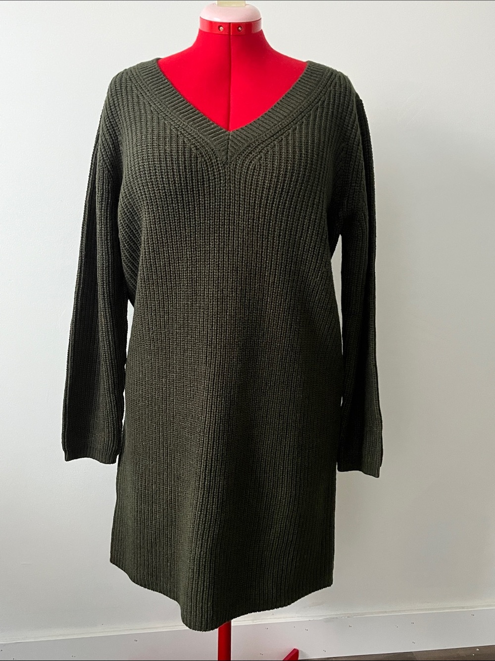 Only life V-Neck Longline Knit Sweater Dress - Olive Green